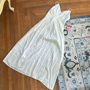 White linen midi dress with lace and button details